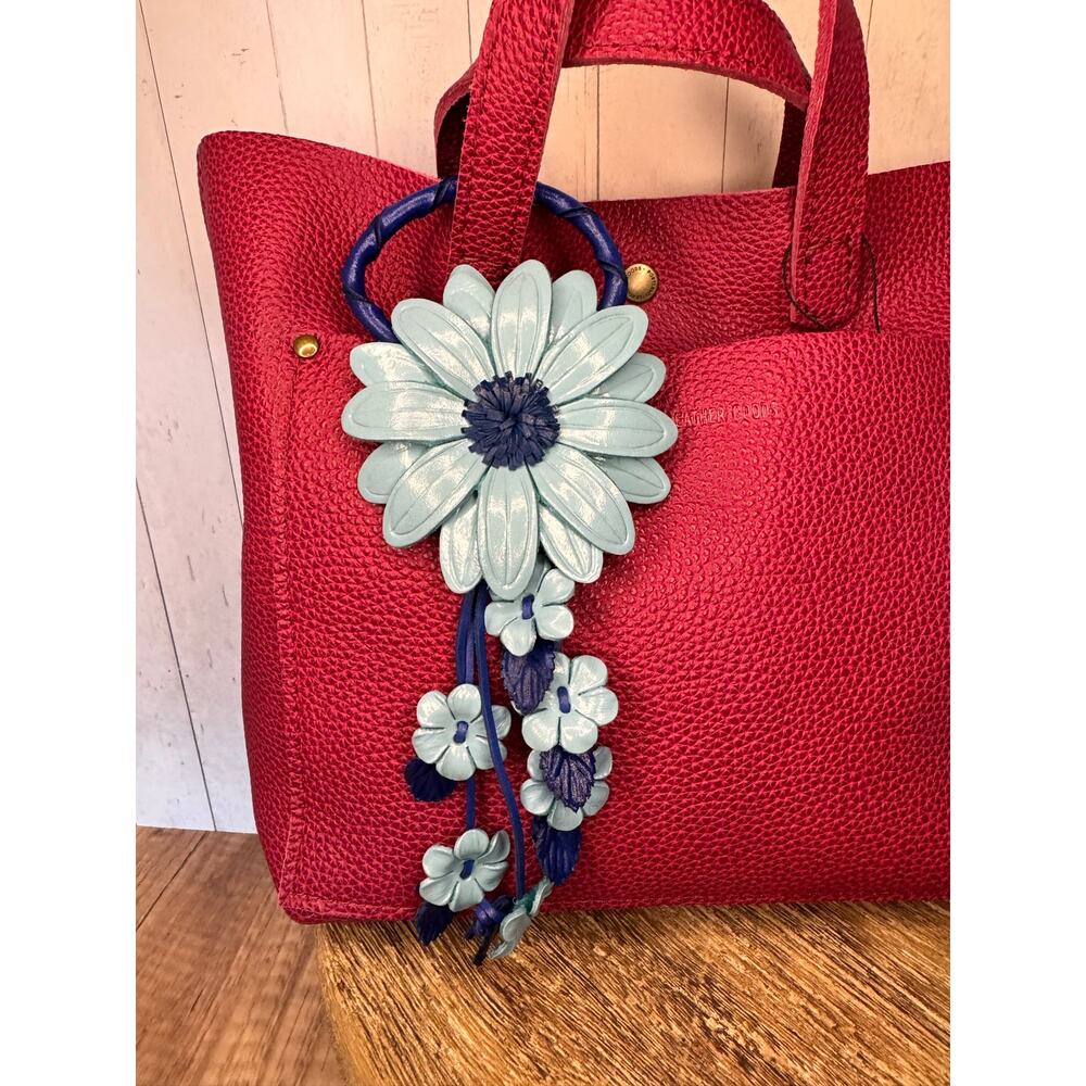 Leather Flower Purse Charm Genuine Leather Light Blue Sunflower Blue Bag Charm
